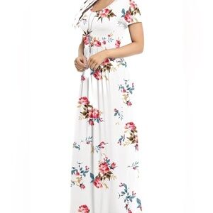 VIISHOW White Floral Short Sleeves Casual Max Dress with Pockets, Sz: Large